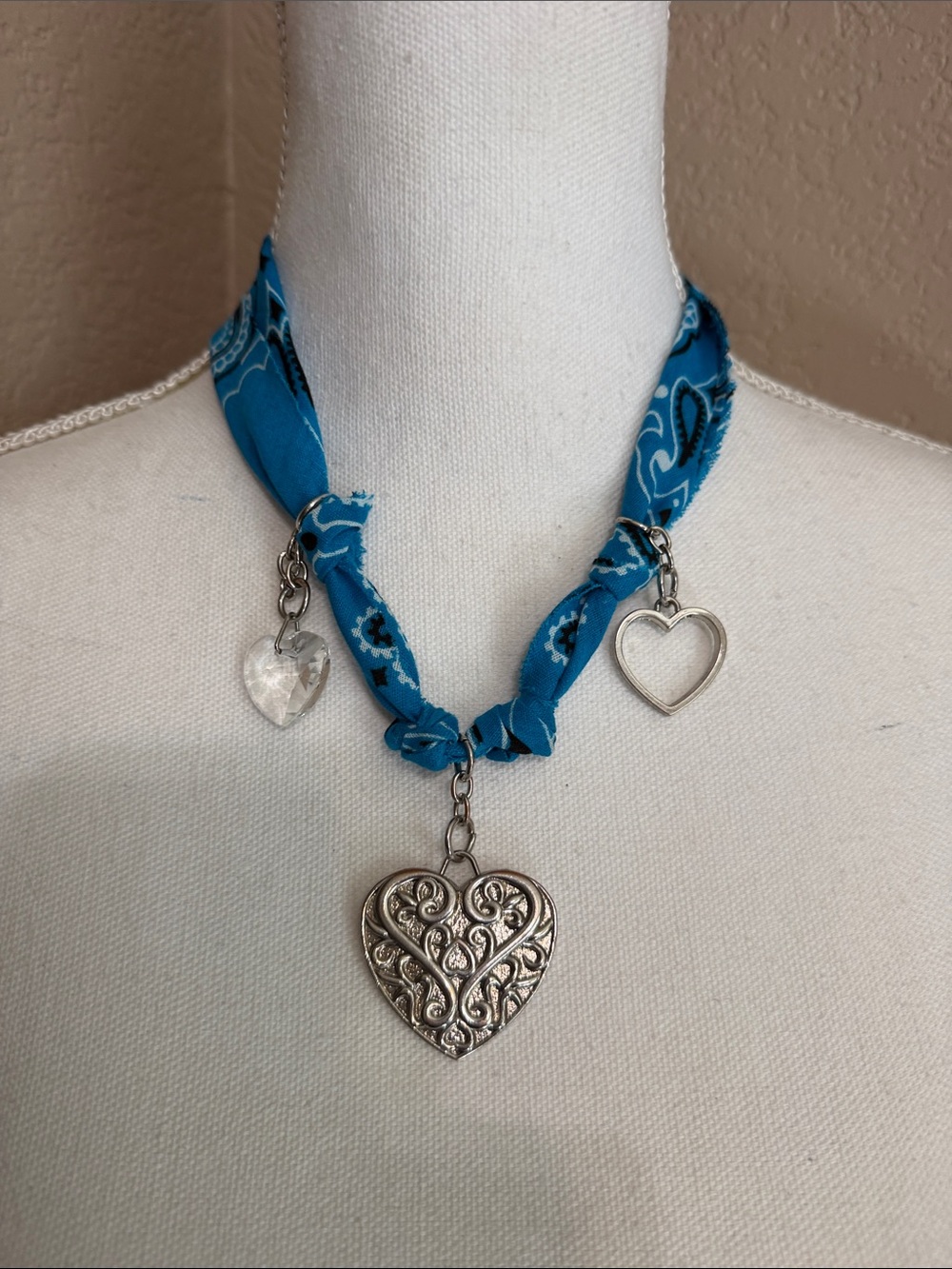 Handmade Turquoise Bandana Heart Charm Necklace with Silver Filigree Pendant